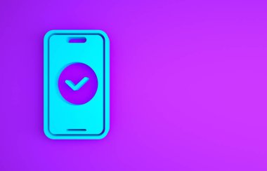 Mavi Akıllı Telefon, mor arka planda izole edilmiş bir cep telefonu simgesi. Minimalizm kavramı. 3d illüstrasyon 3B canlandırma.