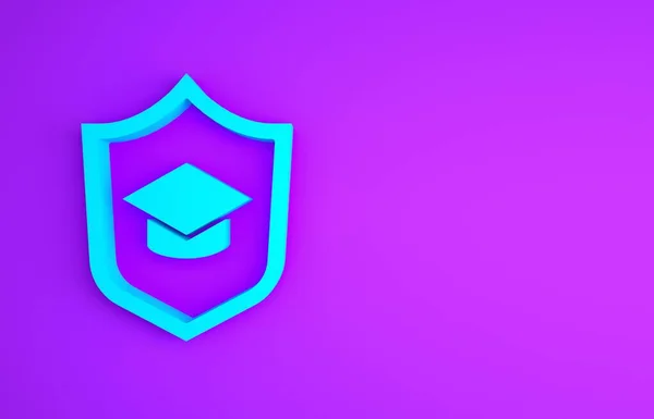 Blue Graduation cap with shield icon isolated on purple background. Insurance concept. Security, safety, protection, protect concept. Minimalism concept. 3d illustration 3D render.