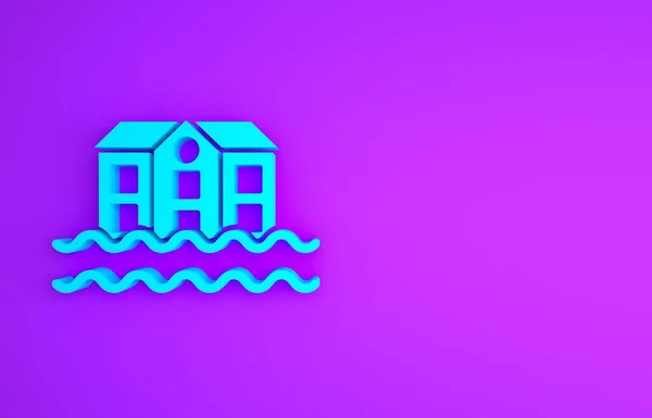 Blue House flood icon isolated on purple background. Home flooding under water. Insurance concept. Security, safety, protection, protect concept. Minimalism concept. 3d illustration 3D render.