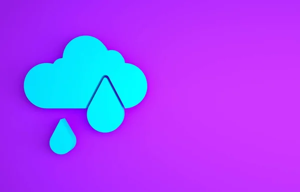 Blue Cloud with rain icon isolated on purple background. Rain cloud precipitation with rain drops. Minimalism concept. 3d illustration 3D render.