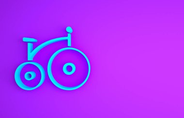 Mavi Vintage bisiklet, büyük bir tekerlek ve mor arka planda izole edilmiş küçük bir ikon. Bisikletle toplu taşıma levhası. Minimalizm kavramı. 3d illüstrasyon 3B canlandırma.