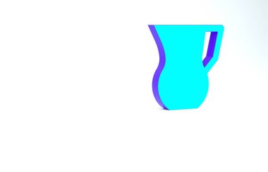 Beyaz zemin üzerinde su ikonu olan turkuaz sürahi bardakları. Su için çaydanlık. İçme suyu dolu cam sürahi. Minimalizm kavramı. 3d illüstrasyon 3B canlandırma.