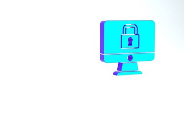 Bilgisayar monitörü ekranındaki turkuaz kilit beyaz arkaplanda izole edildi. Güvenlik, güvenlik, koruma kavramı. Güvenli bir ağ. Minimalizm kavramı. 3d illüstrasyon 3B canlandırma.