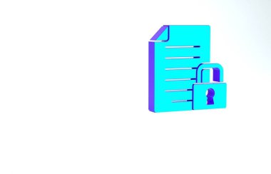 Turkuaz Belge ve kilit simgesi beyaz arkaplanda izole edildi. Dosya biçimi ve asma kilit. Güvenlik, güvenlik, koruma kavramı. Minimalizm kavramı. 3d illüstrasyon 3B canlandırma.