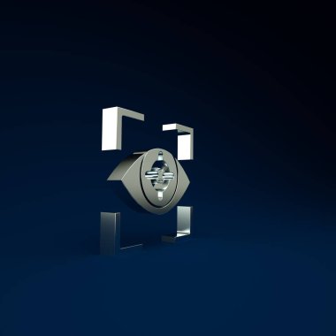 Gümüş Göz Tarama simgesi mavi arkaplanda izole edildi. Göz taraması yapılıyor. Güvenlik kontrol sembolü. Siber göz işareti. Minimalizm kavramı. 3d illüstrasyon 3B canlandırma.