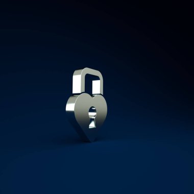 Gümüş Kale, mavi arka planda izole edilmiş kalp ikonu şeklinde. Kilitli Kalp. Aşk sembolü ve anahtar deliği işareti. Minimalizm kavramı. 3d illüstrasyon 3B canlandırma.