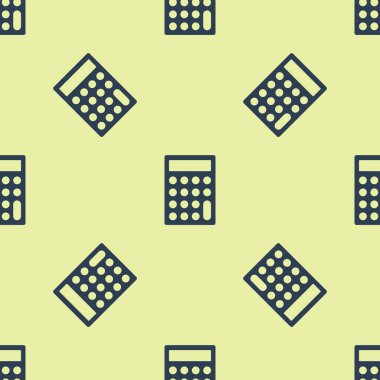 Mavi Hesap Makinesi simgesi sarı arkaplanda izole edilmiş kusursuz desen. Muhasebe sembolü. İş hesaplamaları matematik eğitimi ve finans. Vektör.