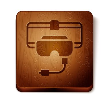 Kahverengi sanal gerçeklik gözlüğü simgesi beyaz arkaplanda izole edilmiş. Stereoskopik 3D VR maskesi. Tahta kare düğme. Vektör.