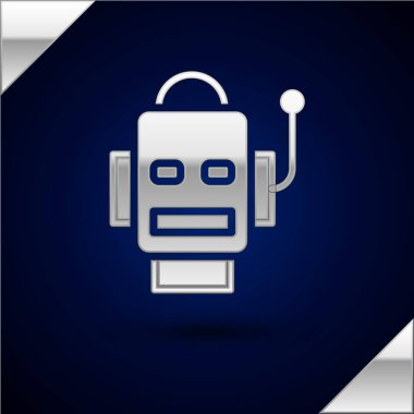 Gümüş Robot simgesi koyu mavi arkaplanda izole edildi. Yapay zeka, makine öğrenme, bulut hesaplama. Vektör.