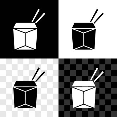 Asya eriştelerini karton kutuya koy ve yemek çubukları simgesini siyah beyaz, şeffaf arka planda izole et. Sokak yemeği. Kore, Japon, Çin yemekleri. Vektör.