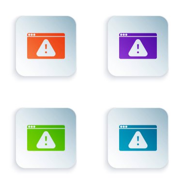 Beyaz arkaplanda ünlem işareti simgesine sahip renk tarayıcı izole edildi. Uyarı mesajı akıllı telefon uyarısı. Kare düğmelere renkli simgeleri yerleştir. Vektör.