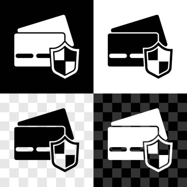 Siyah beyaz, şeffaf arkaplanda izole edilmiş kalkan simgesine sahip kredi kartını ayarla. Çevrimiçi ödeme. Nakit çekilmesi. Finansal operasyonlar. Alışveriş tabelası. Vektör.