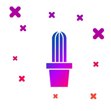 Beyaz arka planda izole edilmiş tencere simgesinde renkli kaktüs kaktüsü. Tencerede yetişen bir bitki. Saksı bitkisi işareti. Kademeli rastgele dinamik şekiller. Vektör.