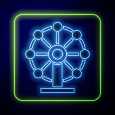 Parlayan neon dönme dolap ikonu mavi arkaplanda izole edildi. Eğlence parkı. Çocuklar için eğlence parkı, eğlence parkı. Vektör.