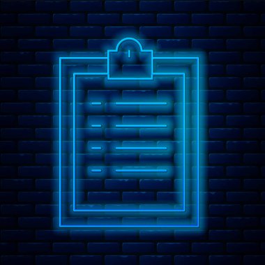 Duvarda izole edilmiş kontrol listesi simgesiyle parlayan neon çizgi panosu. Kontrol listesi sembolü. Anket anketi ya da anket geri bildirim formu. Vektör İllüstrasyonu.