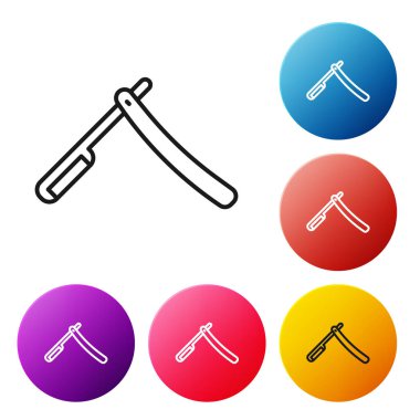 Beyaz arkaplanda siyah çizgili bir ustura simgesi var. Berber dükkanı sembolü. Renkli daire düğmelerini ayarlayın. Vektör İllüstrasyonu.