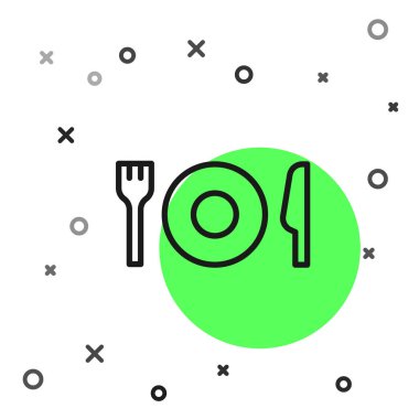 Siyah çizgi plaka, çatal ve bıçak ikonu beyaz arka planda izole edilmiş. Çatal bıçak sembolü. Restoran tabelası. Vektör.