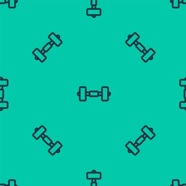 Mavi çizgi Dumbbell simgesi yeşil arka planda kusursuz desen izole etti. Kas kaldırma ikonu, fitness halteri, spor aletleri, egzersiz yaban domuzu. Vektör.