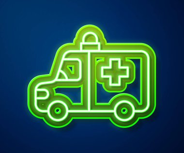 Parlayan neon hattı ambulans ve acil durum arabası ikonu mavi arka planda izole edildi. Ambulans aracı tıbbi tahliye. Vektör.