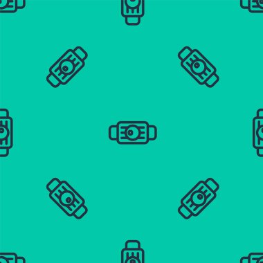 Mavi çizgi tıbbi koruyucu maske ikonu yeşil arka planda izole edilmiş pürüzsüz desen. Vektör.