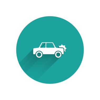 Beyaz Araba simgesi uzun gölgeli izole edilmiş. Sigorta konsepti. Güvenlik, güvenlik, koruma, konsept koruma. Yeşil daire düğmesi. Vektör.
