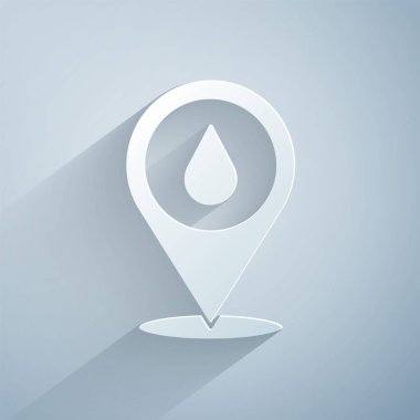 Kağıt kesiği, gri arkaplanda konum simgesi olan su damlası. Kağıt sanatı tarzı. Vektör.