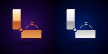 Altın ve gümüş elmas nişan yüzüğü simgesi siyah arkaplanda izole edilmiş. Vektör.