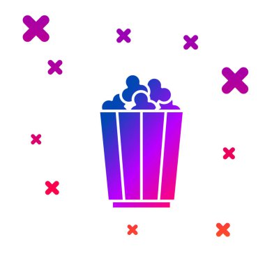 Beyaz arka planda izole edilmiş karton kutu simgesindeki renkli patlamış mısır. Patlamış mısır kutusu. Kademeli rastgele dinamik şekiller. Vektör.