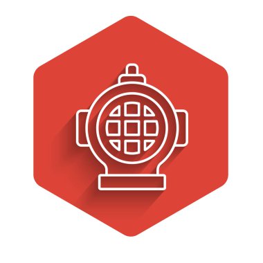 Aqualung simgesi uzun gölgeli beyaz çizgi. Dalış kaskı. Su altı ekipmanları. Kırmızı altıgen düğmesi. Vektör.