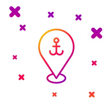 Beyaz arkaplanda izole edilmiş çapa simgesine sahip renk çizgisi haritası işaretçisi. Kademeli rastgele dinamik şekiller. Vektör.