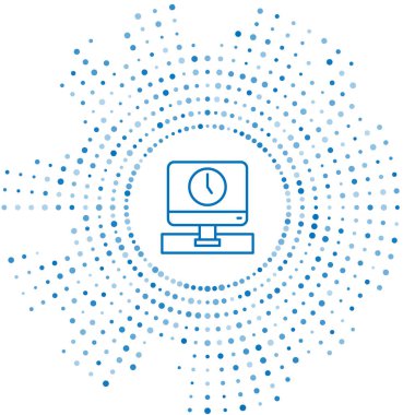 Mavi çizgi Bilgisayar zaman simgesi beyaz arkaplanda izole edildi. Elektronik cihaz. Ön manzara. Soyut çember rastgele noktalar. Vektör.