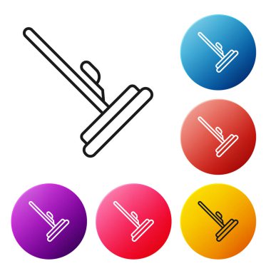 Siyah çizgi paspas simgesi beyaz arkaplanda izole edildi. Temizlik hizmeti konsepti. Renkli daire düğmelerini ayarlayın. Vektör.