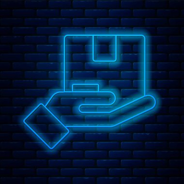 Parlayan neon hattı sigorta ikonu tuğla duvar arkasında izole edildi. Kalkanın ötesinde sigorta kutuları var. Vektör.