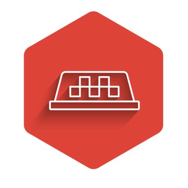 Beyaz çizgi taksinin çatı simgesi uzun gölgeli. Kırmızı altıgen düğmesi. Vektör.