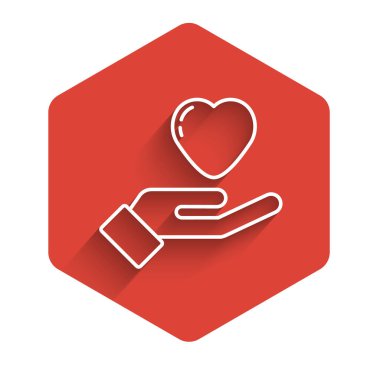 Beyaz çizgi kalp, uzun gölgeyle izole edilmiş bir ikon. El çabukluğu aşk sembolü. Sevgililer Günü sembolü. Kırmızı altıgen düğmesi. Vektör.