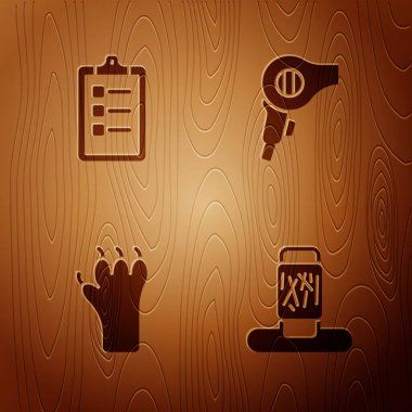 Kedi tırmalama direği, Bakım salonu fiyat listesi, tahta arka planda Paw baskısı ve saç kurutma makinesi. Vektör.