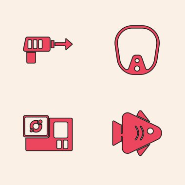 Fish, Fish zıpkını, dalış maskesi ve aksiyon kamera ikonu. Vektör.