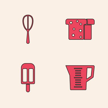 Ölçme kabını, mutfak çırpıcısını, ekmekli tostu ve dondurma ikonunu hazırla. Vektör.