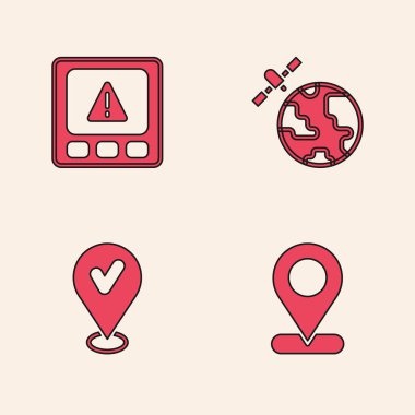 Konumu ayarla, GPS aygıtı hatası, gezegenin yörüngesinde dönen uydular ve kontrol işareti simgesi ile. Vektör.