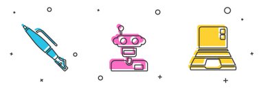 Fıskiye ucu, robot ve dizüstü bilgisayar simgesini ayarla. Vektör.