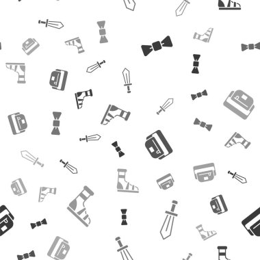 Fiyonk kravatı, av için kılıç, muz dolu bel çantası ve çorapları kusursuz desenli terlikler. Vektör.