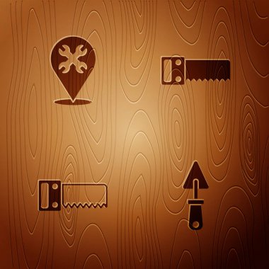 Trowel, İngiliz anahtarlı konum, el testeresi ve ahşap arka planda. Vektör.