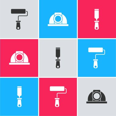 Boya fırçasını, işçi kaskını ve Rasp metal dosya simgesini ayarla. Vektör.