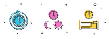 Saati okla, gündüz ve gece ile ayarla ve ikon uyuma zamanı. Vektör.