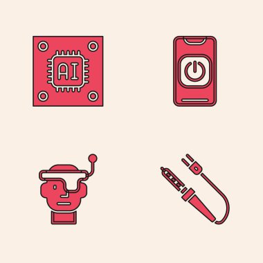 Lehim demiri ayarlayın, işlemcili işlemci robotu telefondan ve akıllı gözlük ikonundan kapatın. Vektör.