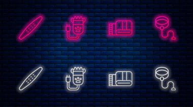 Çizgi saç kırpıcı, havlu yığını, tırnak törpüsü ve geri çekilebilir ip tasmasını ayarla. Tuğla duvarda parlayan neon simgesi. Vektör.