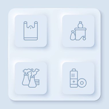 Plastik poşet, çöp kovası, fabrika ve bataryadan duman. Beyaz kare düğme. Vektör.