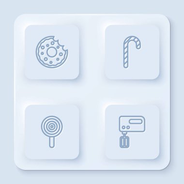 Set hattı Donut, Noel şekeri bastonu, lolipop ve elektrikli mikser. Beyaz kare düğme. Vektör.