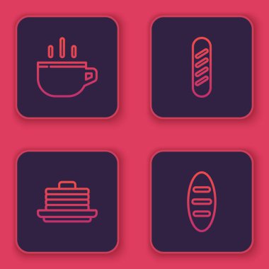 Sıra kahve fincanı, krep, Fransız ekmeği ve ekmek. Mavi kare düğme. Vektör.