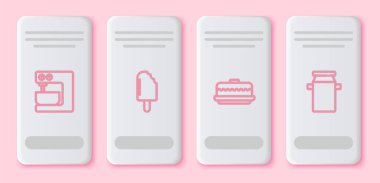 Elektrik karıştırıcı, dondurma, kek ve konserve kutusu. Süt için. Beyaz dikdörtgen düğme. Vektör.